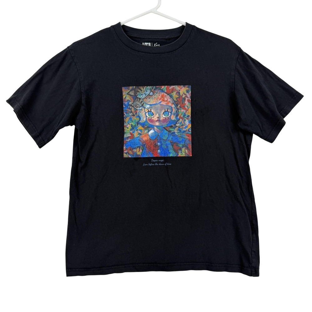 Uniqlo Shirt Youth 160 Black Pop Mart Magic Girl Cat Graphic Tee T-Shirt